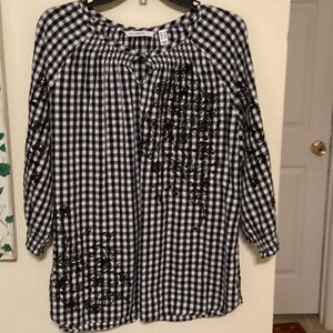 Isaac Mizrahi Black and White Checkered Top with Floral Detail
